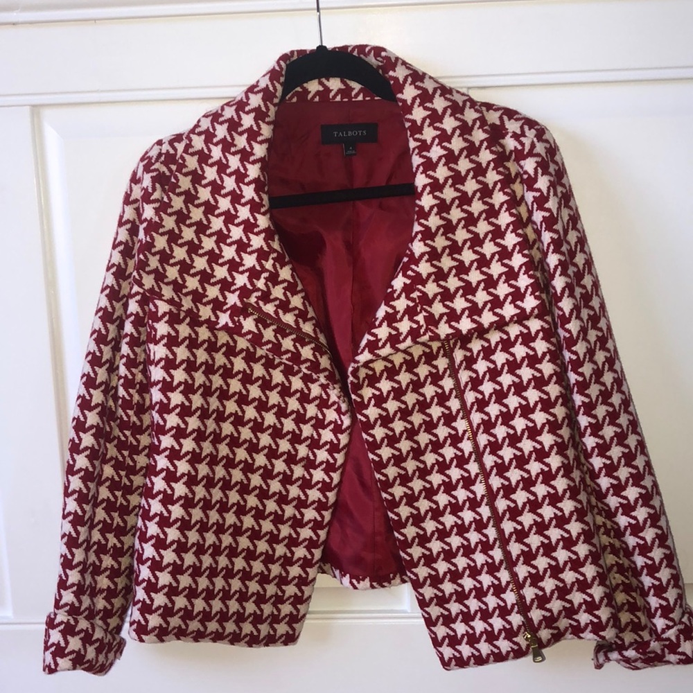 Talbots Red and White Houndstooth Wool Blazer